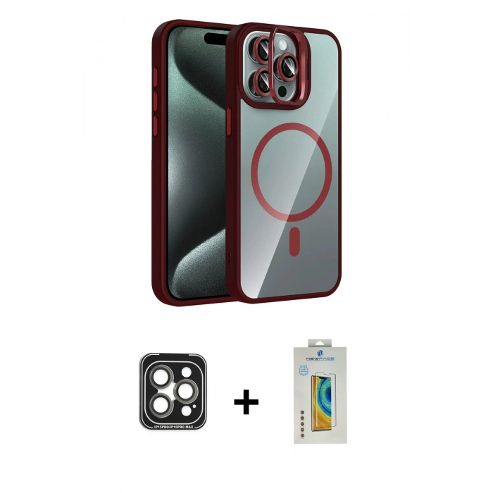 MARSİLYAN™- iPhone 15 Pro Max Kılıf Yadigar Asil Koleksiyonu - Siyah Polymer Nano Ekran Koruyucu + Gri PVD Metal Kamera Lens