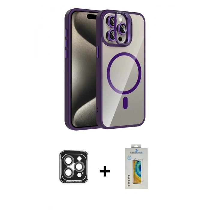 MARSİLYAN™- iPhone 15 Pro Max Kılıf Yadigar Asil Koleksiyonu - Siyah Polymer Nano Ekran Koruyucu + Gri PVD Metal Kamera Lens