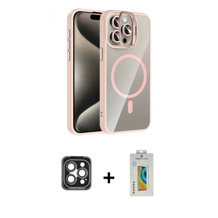 MARSİLYAN™- iPhone 15 Pro Max Kılıf Yadigar Asil Koleksiyonu - Siyah Polymer Nano Ekran Koruyucu + Gri PVD Metal Kamera Lens
