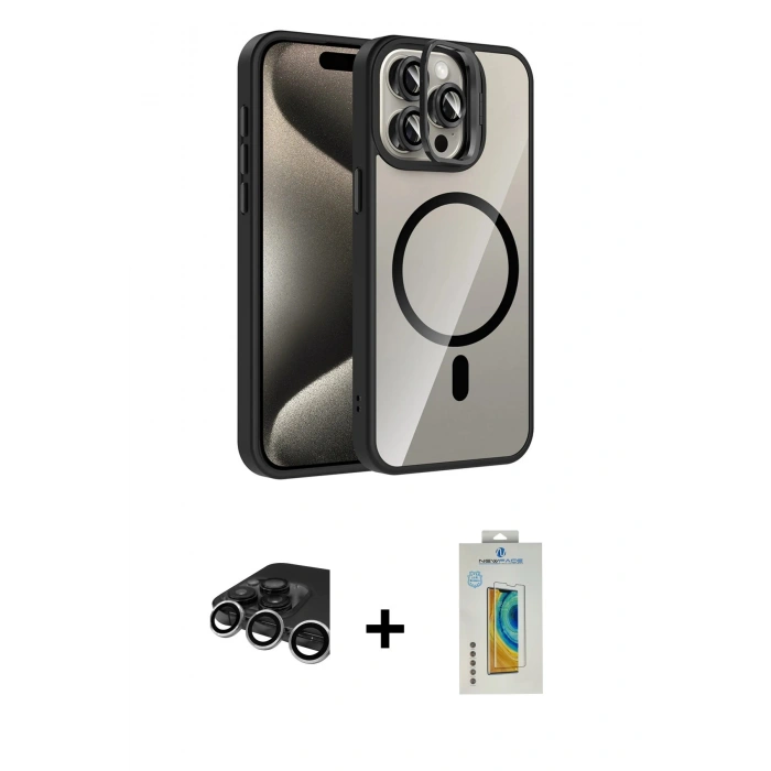 MARSİLYAN™- iPhone 15 Pro Max Kılıf Yadigar Asil Koleksiyonu - Siyah Polymer Nano Ekran Koruyucu + Raze Metal Kamera Lens - GS