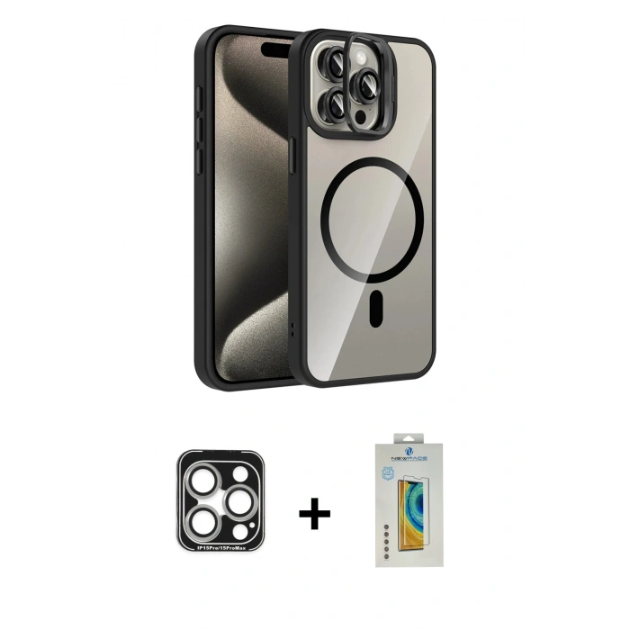 MARSİLYAN™- iPhone 15 Pro Max Kılıf Yadigar Asil Koleksiyonu - Siyah Polymer Nano Ekran Koruyucu + PVD Metal Kamera Lens - GS