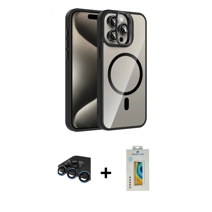 MARSİLYAN™- iPhone 15 Pro Max Kılıf Yadigar Asil Koleksiyonu - Siyah Polymer Nano Ekran Koruyucu + Raze Metal Kamera Lens - LT