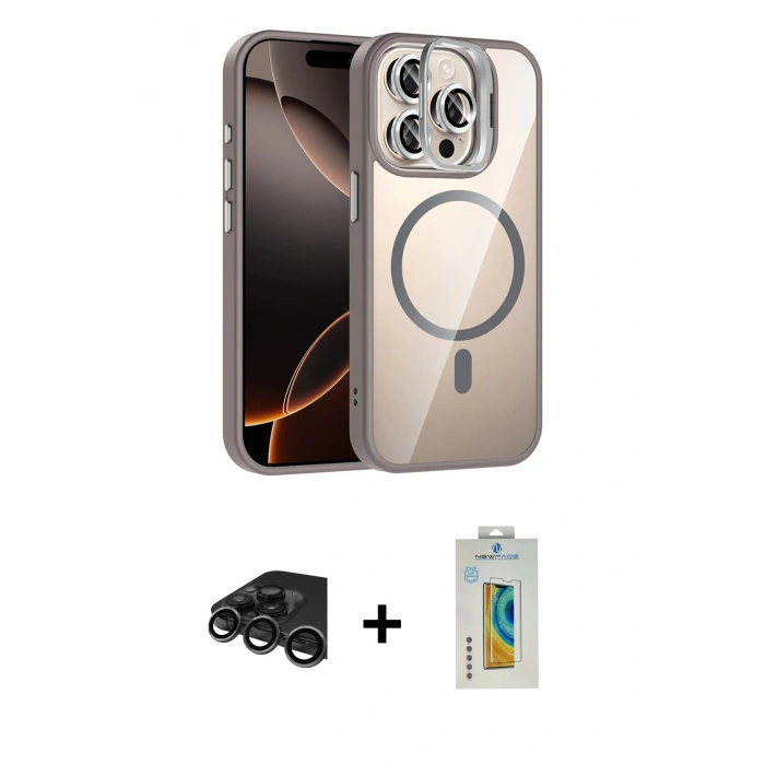 MARSİLYAN™- iPhone 15 Pro Max Kılıf Yadigar Asil Koleksiyonu - Siyah Polymer Nano Ekran Koruyucu + Titanyum Gri Raze Metal Kamera Lens