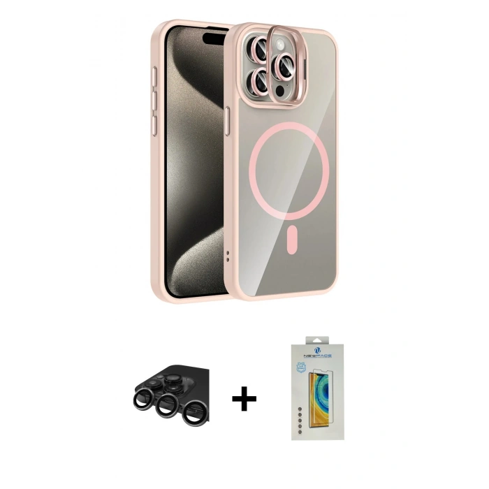 MARSİLYAN™- iPhone 15 Pro Max Kılıf Yadigar Asil Koleksiyonu - Siyah Polymer Nano Ekran Koruyucu + Titanyum Gri Raze Metal Kamera Lens