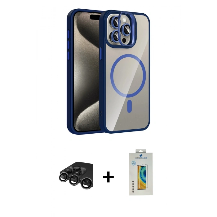MARSİLYAN™- iPhone 15 Pro Max Kılıf Yadigar Asil Koleksiyonu - Siyah Polymer Nano Ekran Koruyucu + Titanyum Gri Raze Metal Kamera Lens
