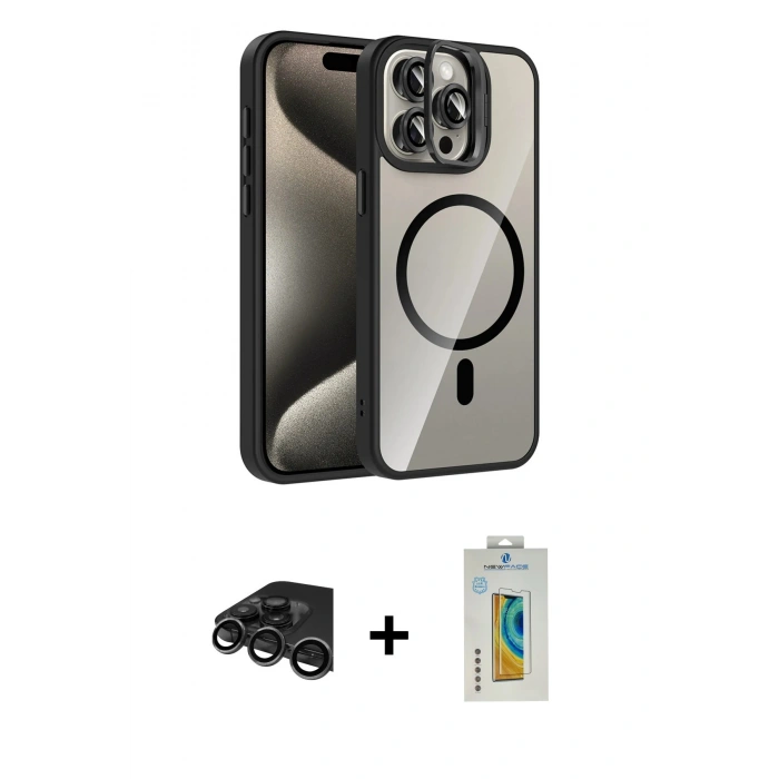 MARSİLYAN™- iPhone 15 Pro Max Kılıf Yadigar Asil Koleksiyonu - Siyah Polymer Nano Ekran Koruyucu + Titanyum Gri Raze Metal Kamera Lens