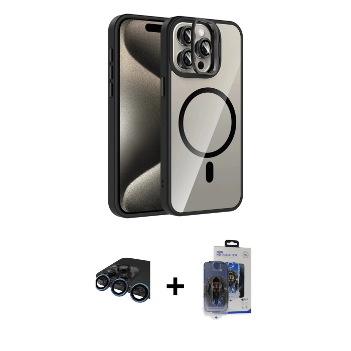 MARSİLYAN™- iPhone 15 Pro Max Kılıf Yadigar Asil Koleksiyonu - Siyah Vanessa Magic Cam + Raze Metal Kamera Lens - LT