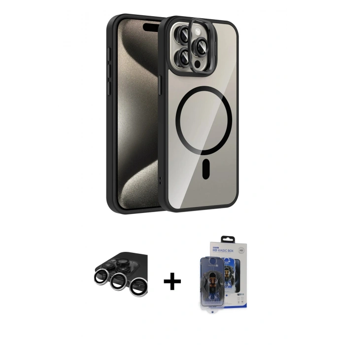 MARSİLYAN™- iPhone 15 Pro Max Kılıf Yadigar Asil Koleksiyonu - Siyah Vanessa Magic Cam + Raze Metal Kamera Lens - GS