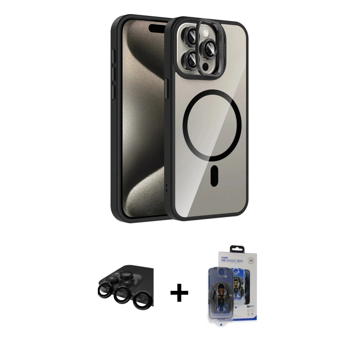 MARSİLYAN™- iPhone 15 Pro Max Kılıf Yadigar Asil Koleksiyonu - Siyah Vanessa Magic Cam + Raze Metal Kamera Lens - SH