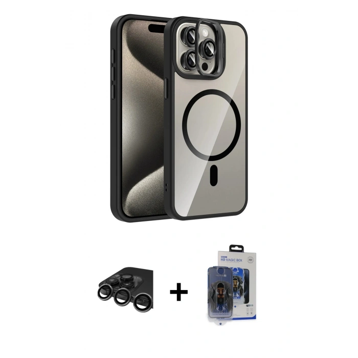 MARSİLYAN™- iPhone 15 Pro Max Kılıf Yadigar Asil Koleksiyonu - Siyah Vanessa Magic Cam + Raze Metal Kamera Lens - TMGI