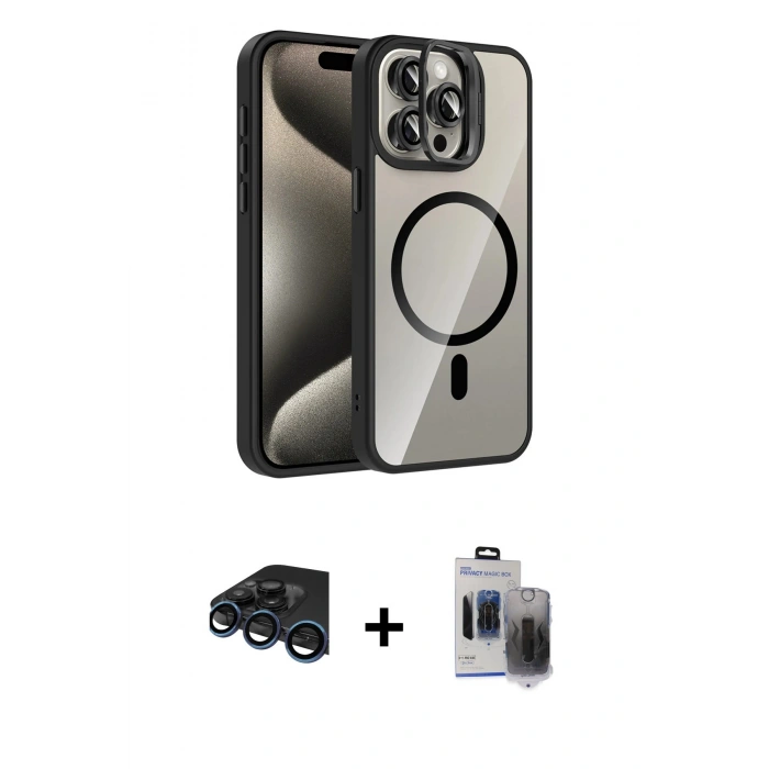 MARSİLYAN™- iPhone 15 Pro Max Kılıf Yadigar Asil Koleksiyonu - Siyah Vanessa Magic Hayalet Cam + Raze Metal Kamera Lens - LT