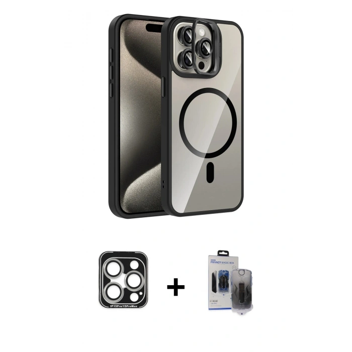 MARSİLYAN™- iPhone 15 Pro Max Kılıf Yadigar Asil Koleksiyonu - Siyah Vanessa Magic Hayalet Cam + PVD Metal Kamera Lens - GS