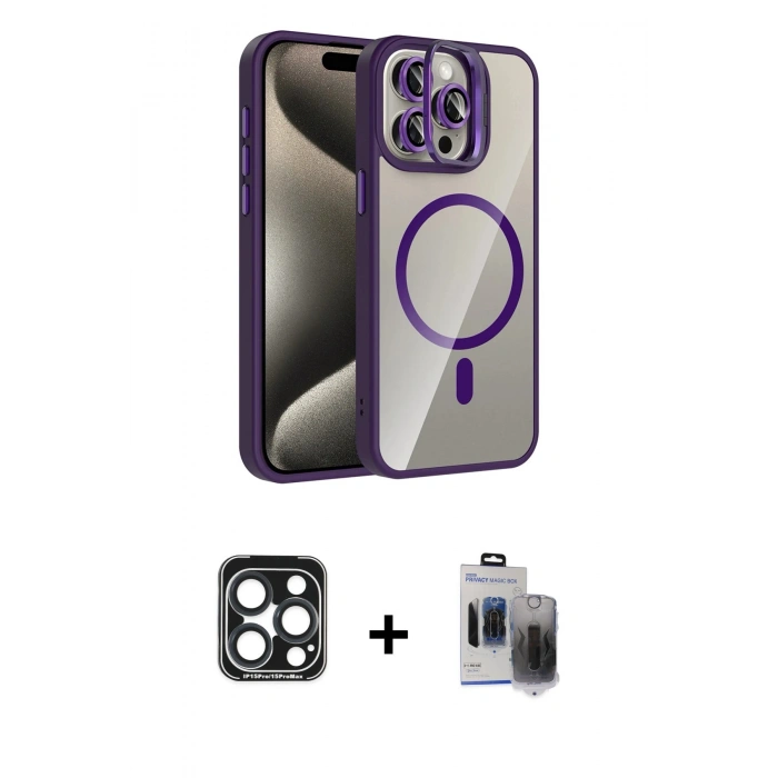 MARSİLYAN™- iPhone 15 Pro Max Kılıf Yadigar Asil Koleksiyonu - Siyah Vanessa Magic Hayalet Cam + PVD Metal Kamera Lens - LT