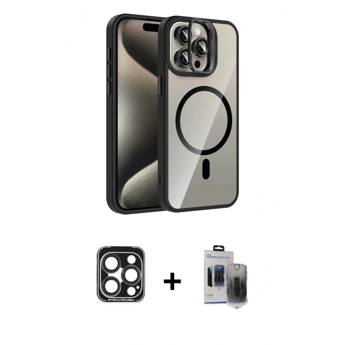 MARSİLYAN™- iPhone 15 Pro Max Kılıf Yadigar Asil Koleksiyonu - Siyah Vanessa Magic Hayalet Cam + PVD Metal Kamera Lens - LT