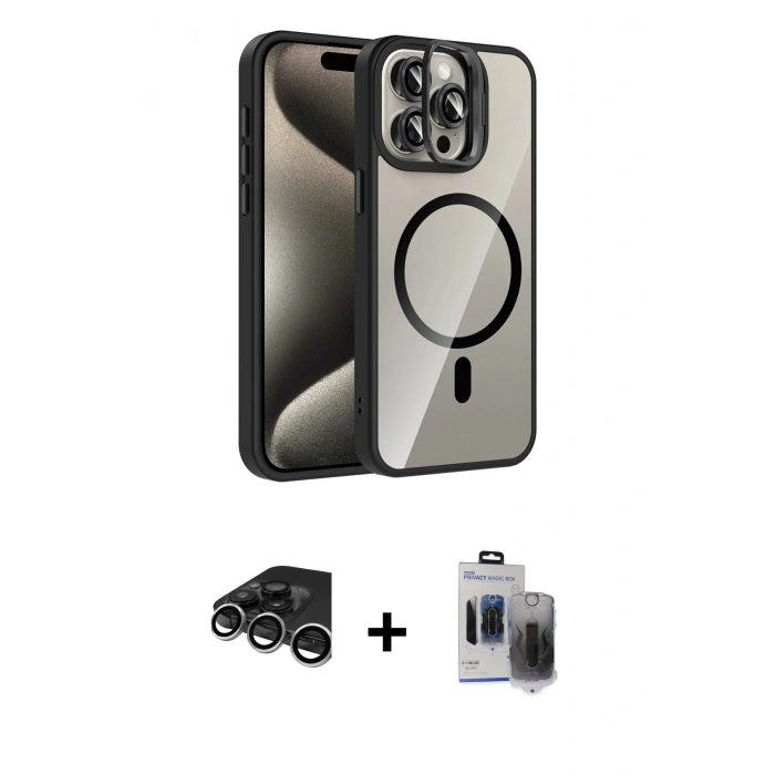 MARSİLYAN™- iPhone 15 Pro Max Kılıf Yadigar Asil Koleksiyonu - Siyah Vanessa Magic Hayalet Cam + Raze Metal Kamera Lens - GS