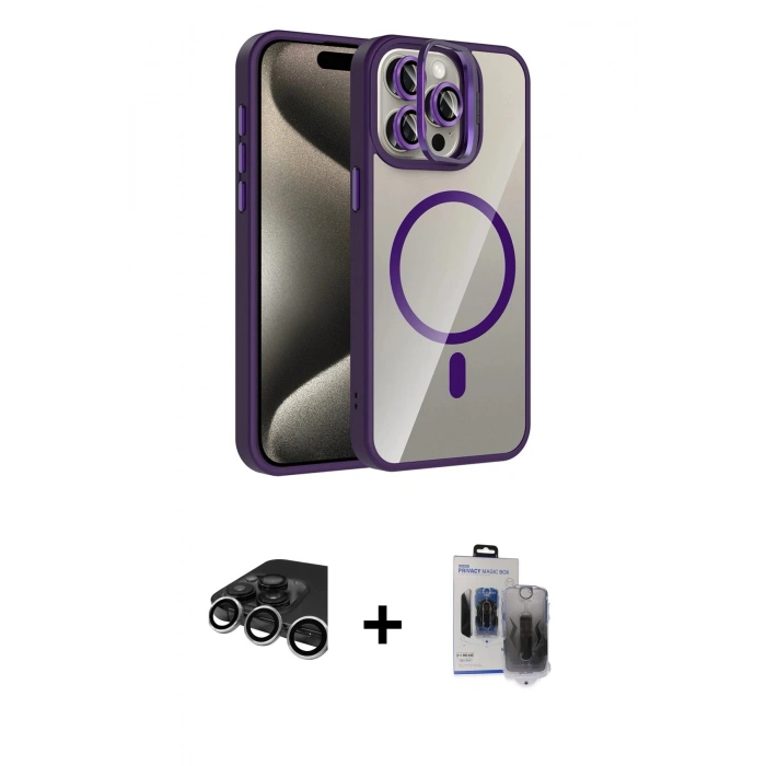 MARSİLYAN™- iPhone 15 Pro Max Kılıf Yadigar Asil Koleksiyonu - Siyah Vanessa Magic Hayalet Cam + Raze Metal Kamera Lens - GS
