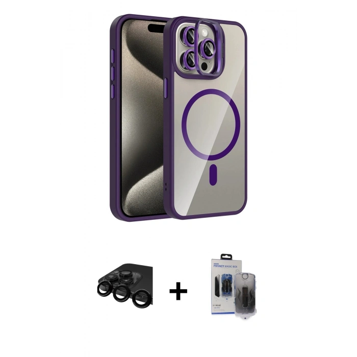 MARSİLYAN™- iPhone 15 Pro Max Kılıf Yadigar Asil Koleksiyonu - Siyah Vanessa Magic Hayalet Cam + Raze Metal Kamera Lens - SH