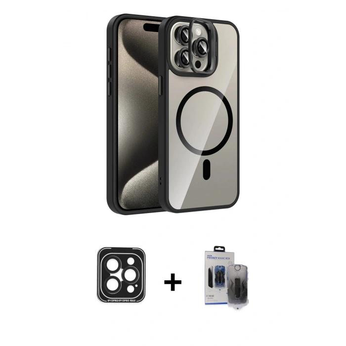 MARSİLYAN™- iPhone 15 Pro Max Kılıf Yadigar Asil Koleksiyonu - Siyah Vanessa Magic Hayalet Cam + PVD Metal Kamera Lens - SH