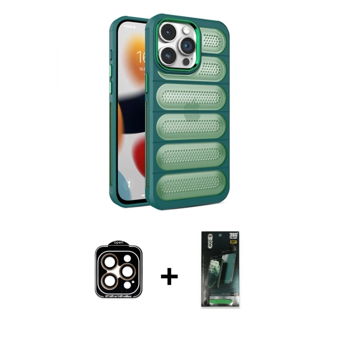 MARSİLYAN™- iPhone 15 Pro Max Kılıf Yadigar Doku Özel Seri - Şeffaf 360 Full Body Arka Koruyucu + PVD Metal Kamera Lens - TU