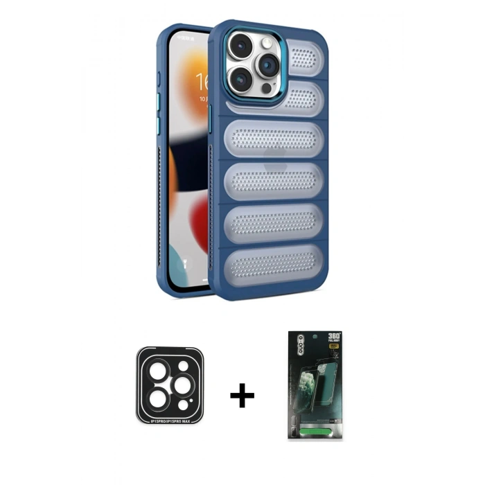 MARSİLYAN™- iPhone 15 Pro Max Kılıf Yadigar Doku Özel Seri - Şeffaf 360 Full Body Arka Koruyucu + PVD Metal Kamera Lens - SH