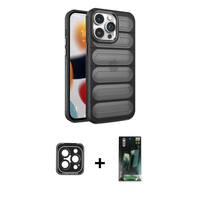 MARSİLYAN™- iPhone 15 Pro Max Kılıf Yadigar Doku Özel Seri - Şeffaf 360 Full Body Arka Koruyucu + PVD Metal Kamera Lens - SH