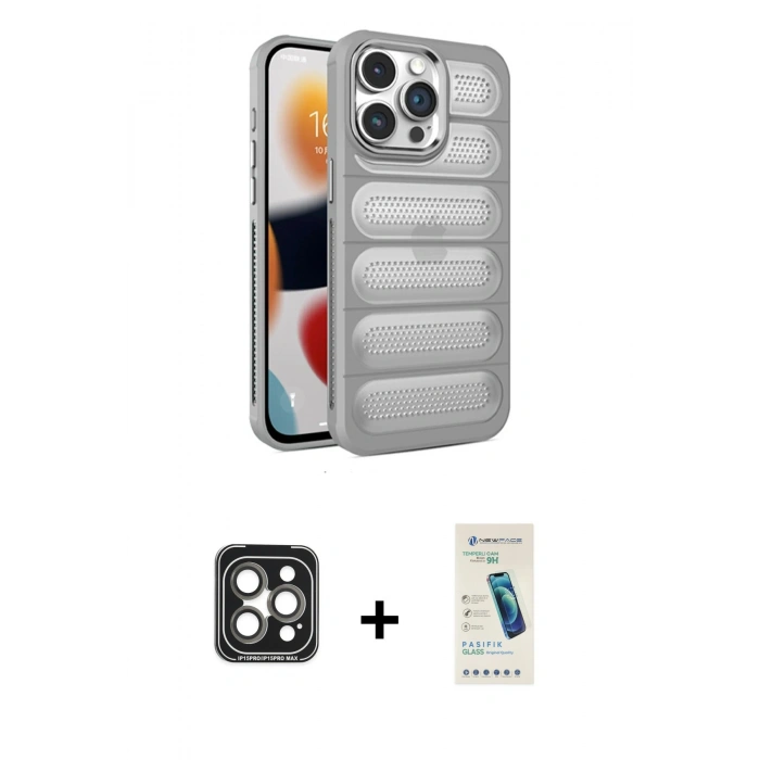 MARSİLYAN™- iPhone 15 Pro Max Kılıf Yadigar Doku Özel Seri - Şeffaf Pasifik Cam Ekran Koruyucu + Gri PVD Metal Kamera Lens