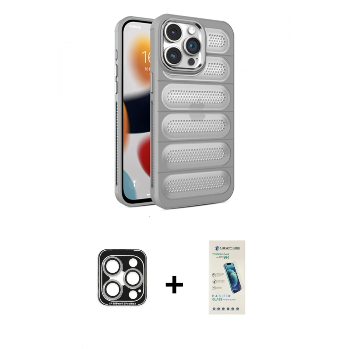 MARSİLYAN™- iPhone 15 Pro Max Kılıf Yadigar Doku Özel Seri - Şeffaf Pasifik Cam Ekran Koruyucu + PVD Metal Kamera Lens - GS