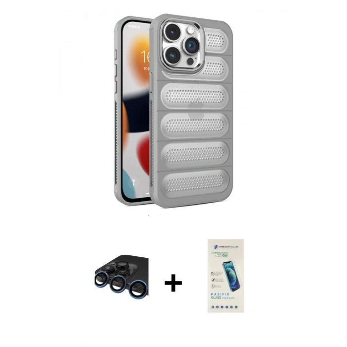 MARSİLYAN™- iPhone 15 Pro Max Kılıf Yadigar Doku Özel Seri - Şeffaf Pasifik Cam Ekran Koruyucu + Raze Metal Kamera Lens - LT