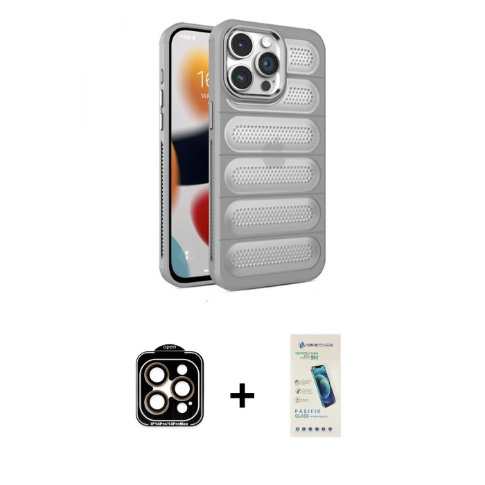 MARSİLYAN™- iPhone 15 Pro Max Kılıf Yadigar Doku Özel Seri - Şeffaf Pasifik Cam Ekran Koruyucu + PVD Metal Kamera Lens - TU