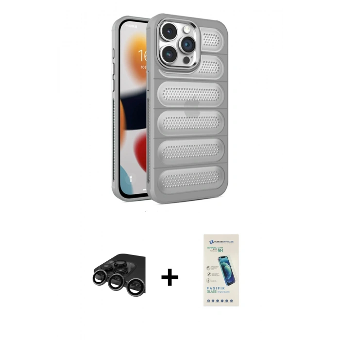 MARSİLYAN™- iPhone 15 Pro Max Kılıf Yadigar Doku Özel Seri - Şeffaf Pasifik Cam Ekran Koruyucu + Titanyum Gri Raze Metal Kamera Lens
