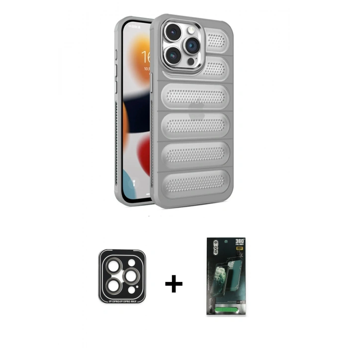 MARSİLYAN™- iPhone 15 Pro Max Kılıf Yadigar Doku Özel Seri - Siyah 360 Mat Full Body Arka Koruyucu + Gri PVD Metal Kamera Lens