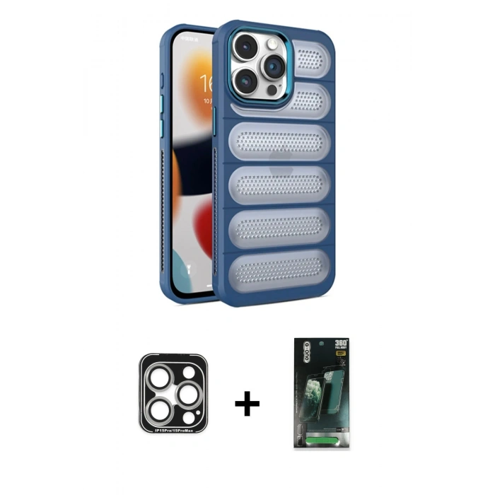MARSİLYAN™- iPhone 15 Pro Max Kılıf Yadigar Doku Özel Seri - Siyah 360 Mat Full Body Arka Koruyucu + Gümüş PVD Metal Kamera Lens