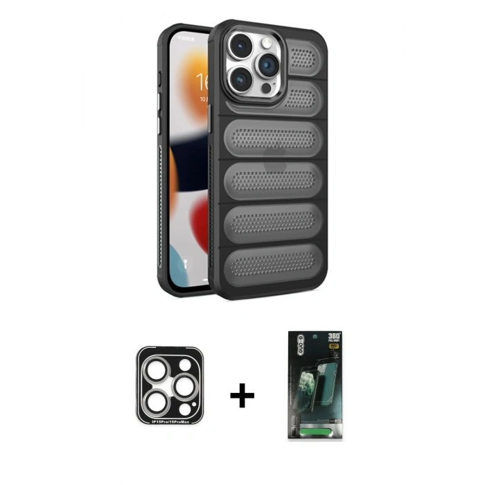 MARSİLYAN™- iPhone 15 Pro Max Kılıf Yadigar Doku Özel Seri - Siyah 360 Mat Full Body Arka Koruyucu + Gümüş PVD Metal Kamera Lens