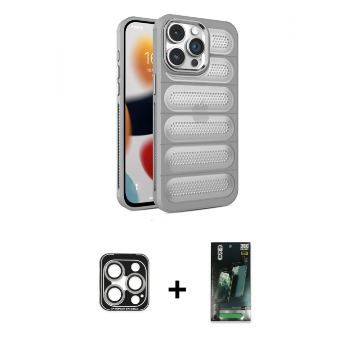 MARSİLYAN™- iPhone 15 Pro Max Kılıf Yadigar Doku Özel Seri - Siyah 360 Mat Full Body Arka Koruyucu + Gümüş PVD Metal Kamera Lens
