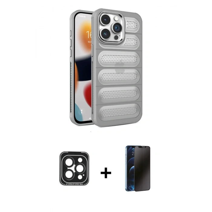 MARSİLYAN™- iPhone 15 Pro Max Kılıf Yadigar Doku Özel Seri - Siyah 3D Antistatik Hayalet Cam Ekran Koruyucu + PVD Metal Kamera Lens - SH