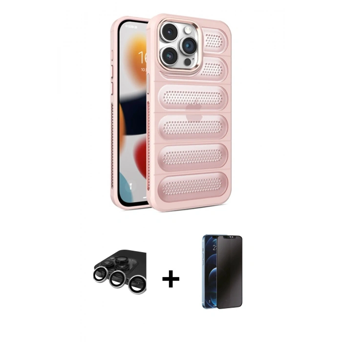 MARSİLYAN™- iPhone 15 Pro Max Kılıf Yadigar Doku Özel Seri - Siyah 3D Antistatik Hayalet Cam Ekran Koruyucu + Raze Metal Kamera Lens - GS