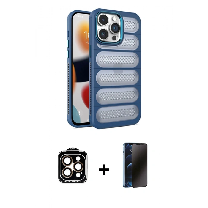 MARSİLYAN™- iPhone 15 Pro Max Kılıf Yadigar Doku Özel Seri - Siyah 3D Antistatik Hayalet Cam Ekran Koruyucu + Turuncu PVD Metal Kamera Lens