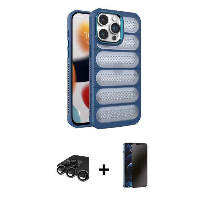 MARSİLYAN™- iPhone 15 Pro Max Kılıf Yadigar Doku Özel Seri - Siyah 3D Antistatik Hayalet Cam Ekran Koruyucu + Raze Metal Kamera Lens - TMGI