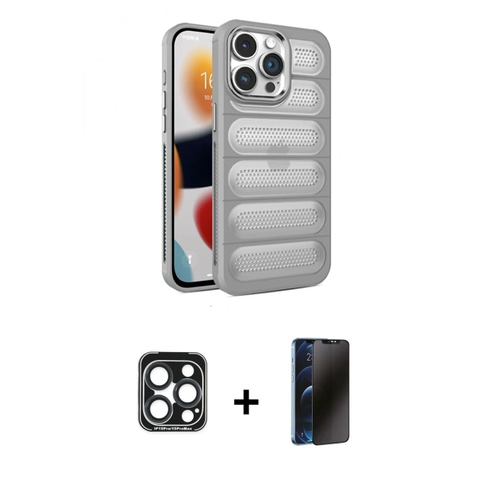 MARSİLYAN™- iPhone 15 Pro Max Kılıf Yadigar Doku Özel Seri - Siyah 3D Antistatik Hayalet Cam Ekran Koruyucu + Lacivert PVD Metal Kamera Lens