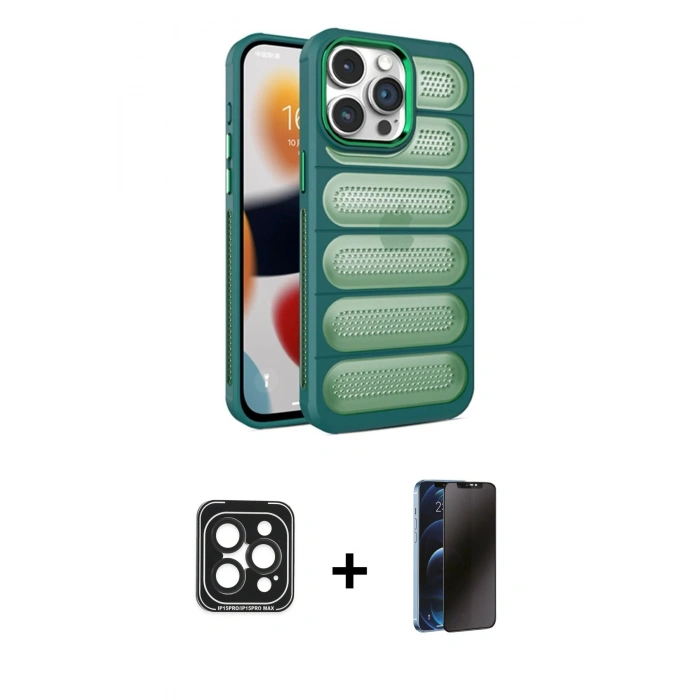 MARSİLYAN™- iPhone 15 Pro Max Kılıf Yadigar Doku Özel Seri - Siyah 3D Antistatik Hayalet Cam Ekran Koruyucu + PVD Metal Kamera Lens - SH