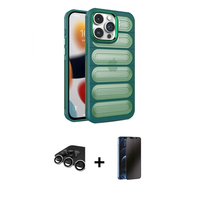 MARSİLYAN™- iPhone 15 Pro Max Kılıf Yadigar Doku Özel Seri - Siyah 3D Antistatik Hayalet Cam Ekran Koruyucu + Raze Metal Kamera Lens - GS