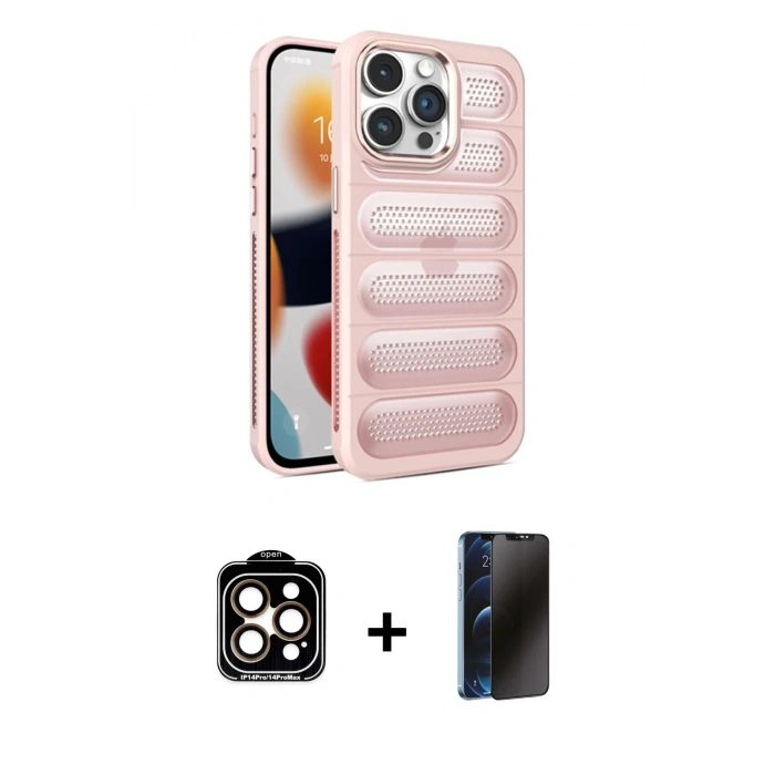 MARSİLYAN™- iPhone 15 Pro Max Kılıf Yadigar Doku Özel Seri - Siyah 3D Antistatik Hayalet Cam Ekran Koruyucu + Turuncu PVD Metal Kamera Lens