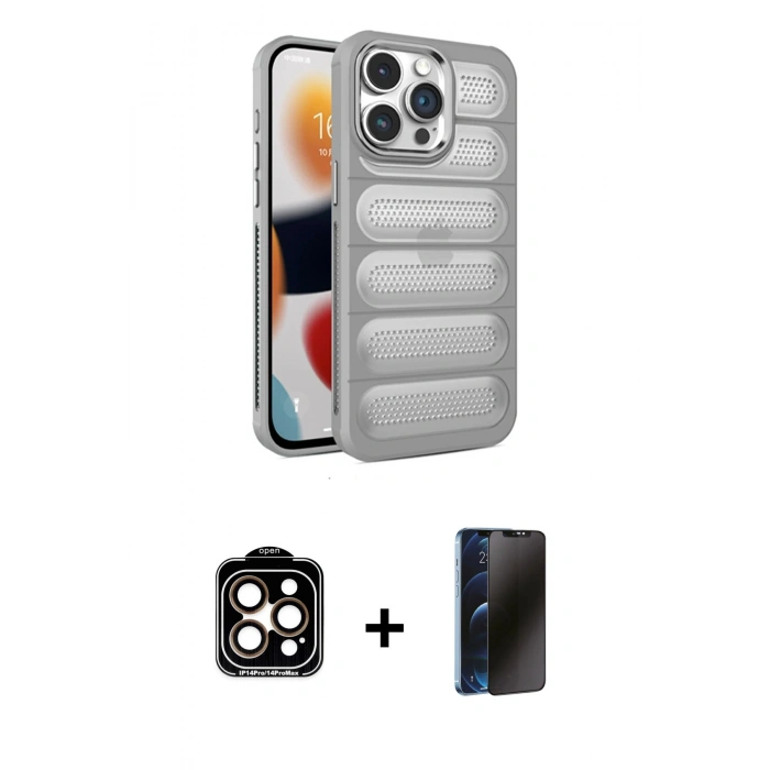 MARSİLYAN™- iPhone 15 Pro Max Kılıf Yadigar Doku Özel Seri - Siyah 3D Antistatik Hayalet Cam Ekran Koruyucu + Turuncu PVD Metal Kamera Lens