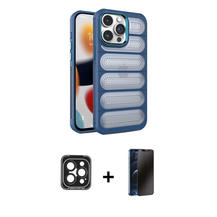 MARSİLYAN™- iPhone 15 Pro Max Kılıf Yadigar Doku Özel Seri - Siyah 3D Antistatik Hayalet Cam Ekran Koruyucu + PVD Metal Kamera Lens - SH