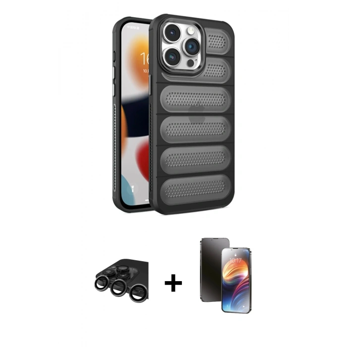 MARSİLYAN™- iPhone 15 Pro Max Kılıf Yadigar Doku Özel Seri - Siyah 3D Antistatik Mat Seramik Nano Ekran Koruyucu + Titanyum Gri Raze Metal Kamera Lens