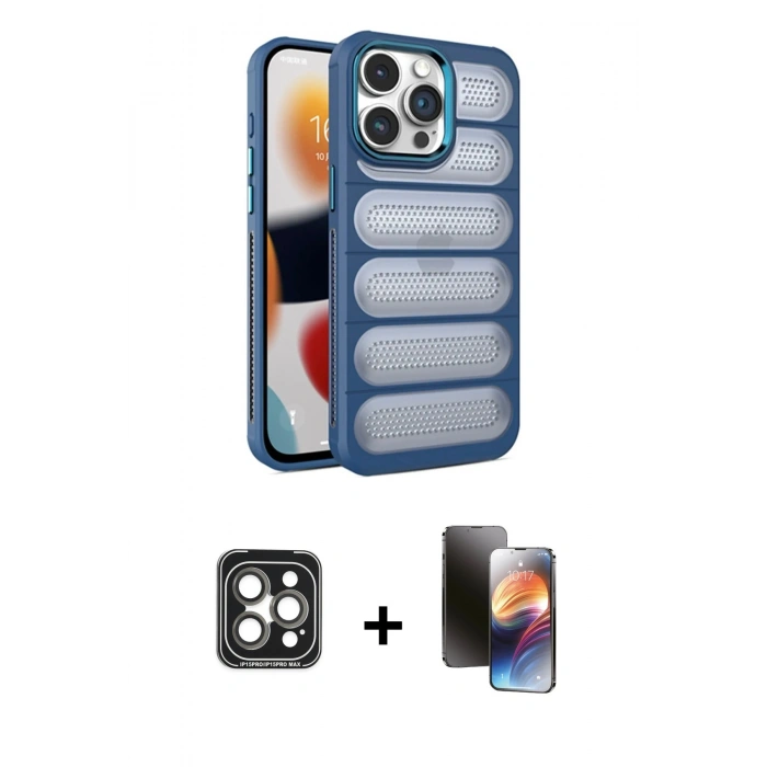 MARSİLYAN™- iPhone 15 Pro Max Kılıf Yadigar Doku Özel Seri - Siyah 3D Antistatik Mat Seramik Nano Ekran Koruyucu + PVD Metal Kamera Lens - GI