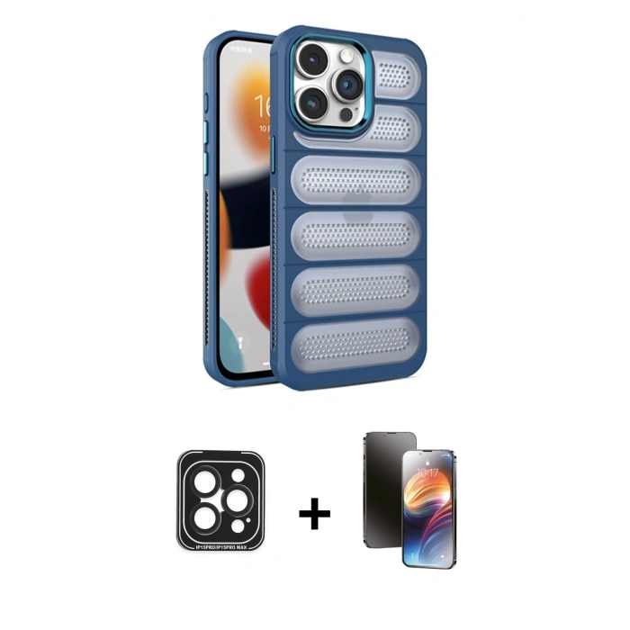 MARSİLYAN™- iPhone 15 Pro Max Kılıf Yadigar Doku Özel Seri - Siyah 3D Antistatik Mat Seramik Nano Ekran Koruyucu + PVD Metal Kamera Lens - SH