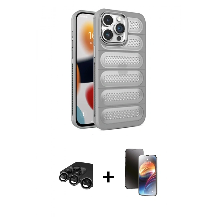 MARSİLYAN™- iPhone 15 Pro Max Kılıf Yadigar Doku Özel Seri - Siyah 3D Antistatik Mat Seramik Nano Ekran Koruyucu + Titanyum Gri Raze Metal Kamera Lens