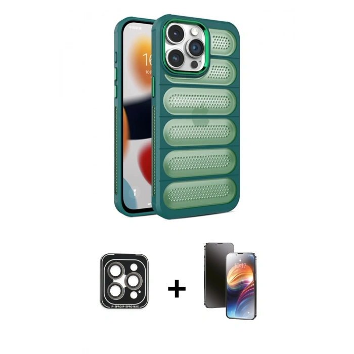 MARSİLYAN™- iPhone 15 Pro Max Kılıf Yadigar Doku Özel Seri - Siyah 3D Antistatik Mat Seramik Nano Ekran Koruyucu + PVD Metal Kamera Lens - GI