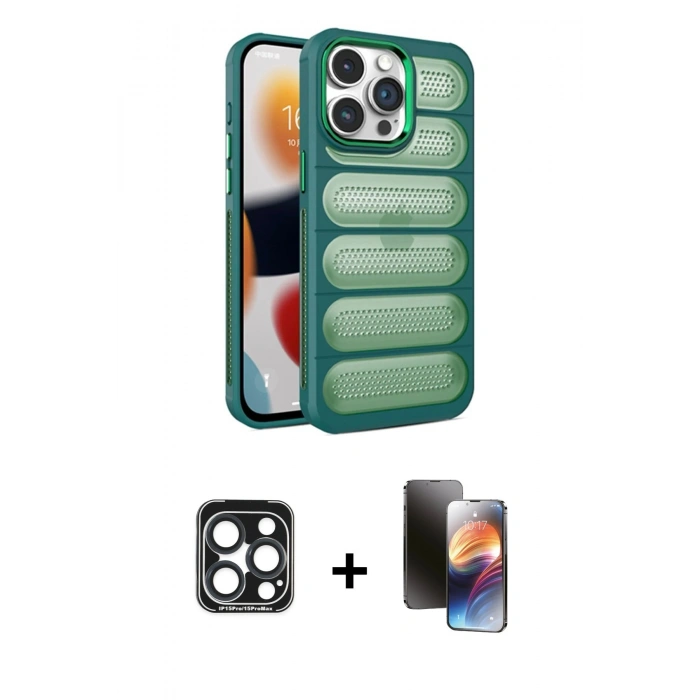 MARSİLYAN™- iPhone 15 Pro Max Kılıf Yadigar Doku Özel Seri - Siyah 3D Antistatik Mat Seramik Nano Ekran Koruyucu + PVD Metal Kamera Lens - LT
